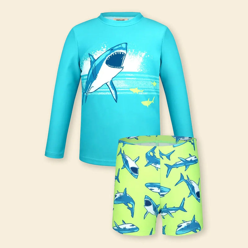 Boys Light Blue Shark Printed Long Sleeves T-Shirt & Shorts Swimsuit Sets Sets Light Blue 3-4 Y