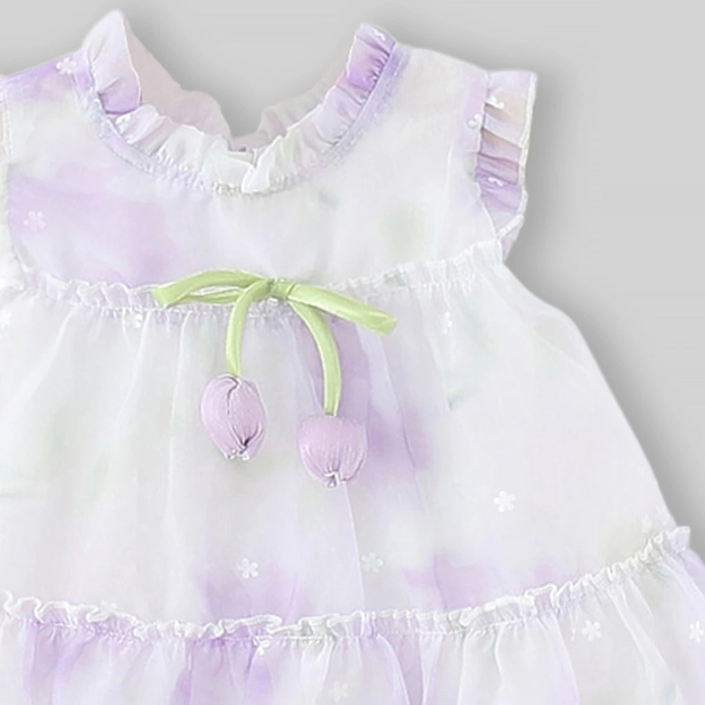 Girls Purple Fit And Flare Dress With Tulip Floral Bow Applique Casual Dresses