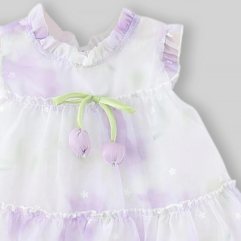 Girls Purple Fit And Flare Dress With Tulip Floral Bow Applique Casual Dresses