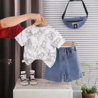 Boys Light Grey Bunny Printed Short Sleeve T-Shirt With Ripped Denim Shorts Sets 2 pc. Sets