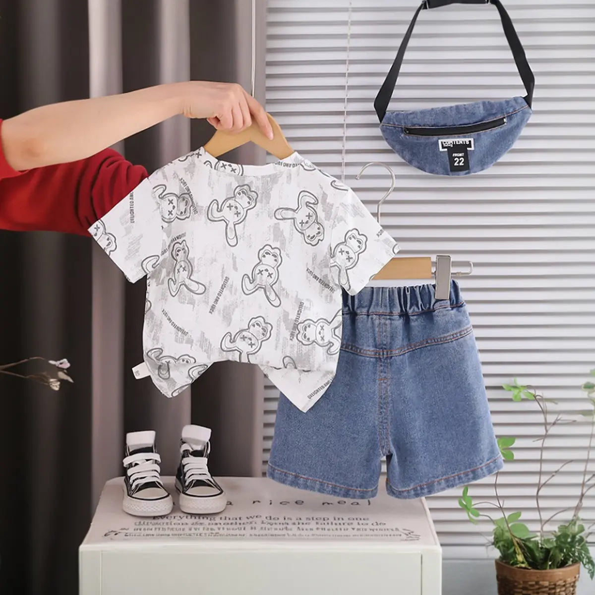 Boys Light Grey Bunny Printed Short Sleeve T-Shirt With Ripped Denim Shorts Sets 2 pc. Sets