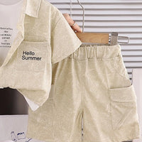 Boys Beige Typographic Printed Shirt With Printed T-shirt And Shorts Sets 3 pc. Sets