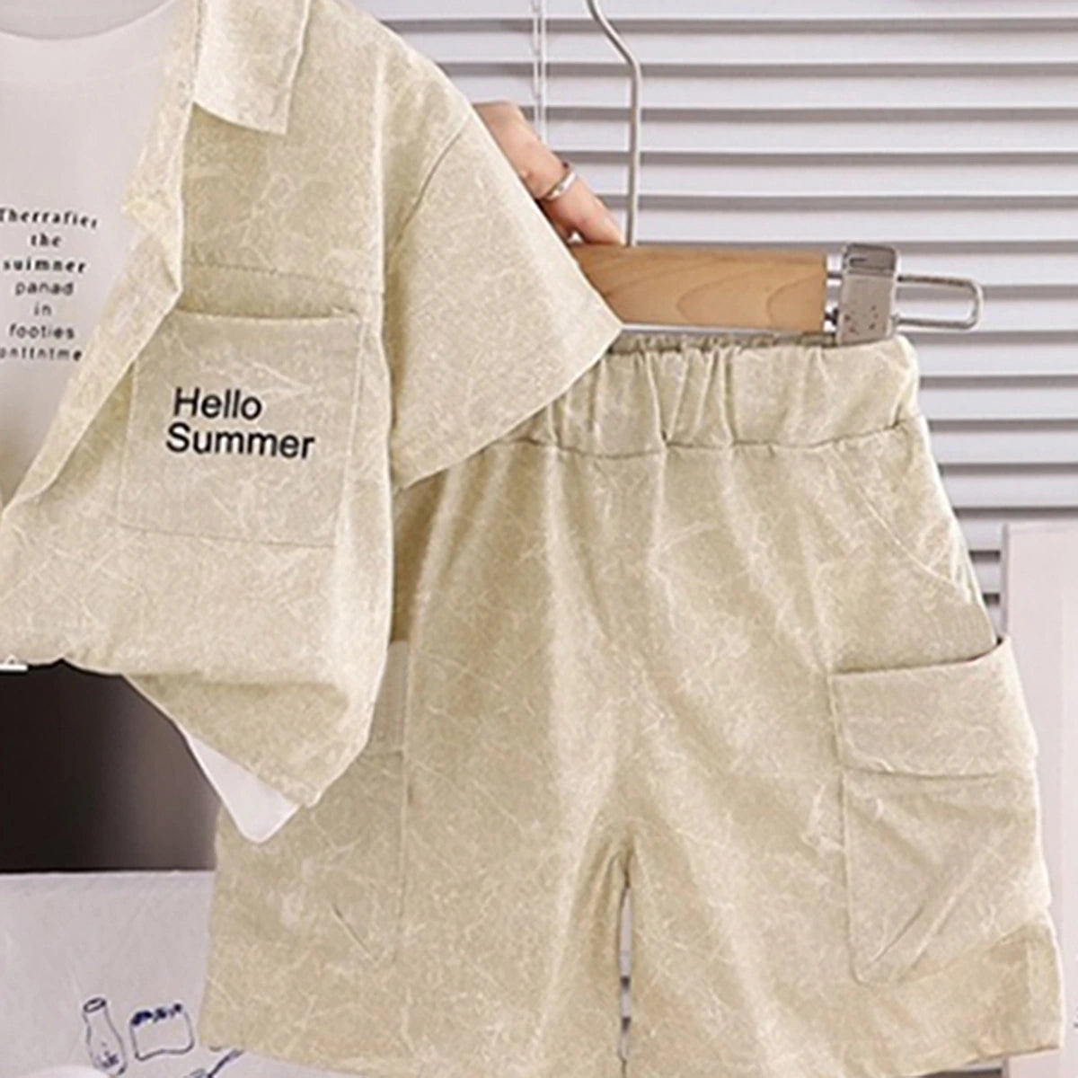 Boys Beige Typographic Printed Shirt With Printed T-shirt And Shorts Sets 3 pc. Sets