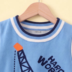 Boys Light Blue Sweater Vest With Self-Design Crane Pattern Sweaters & Cardigans