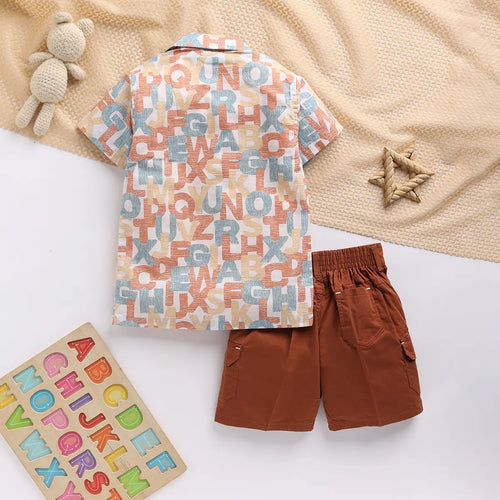 Boys Brown Typographic Shirt With Printed T-Shirt And Twill Shorts Sets 3 pc. Sets
