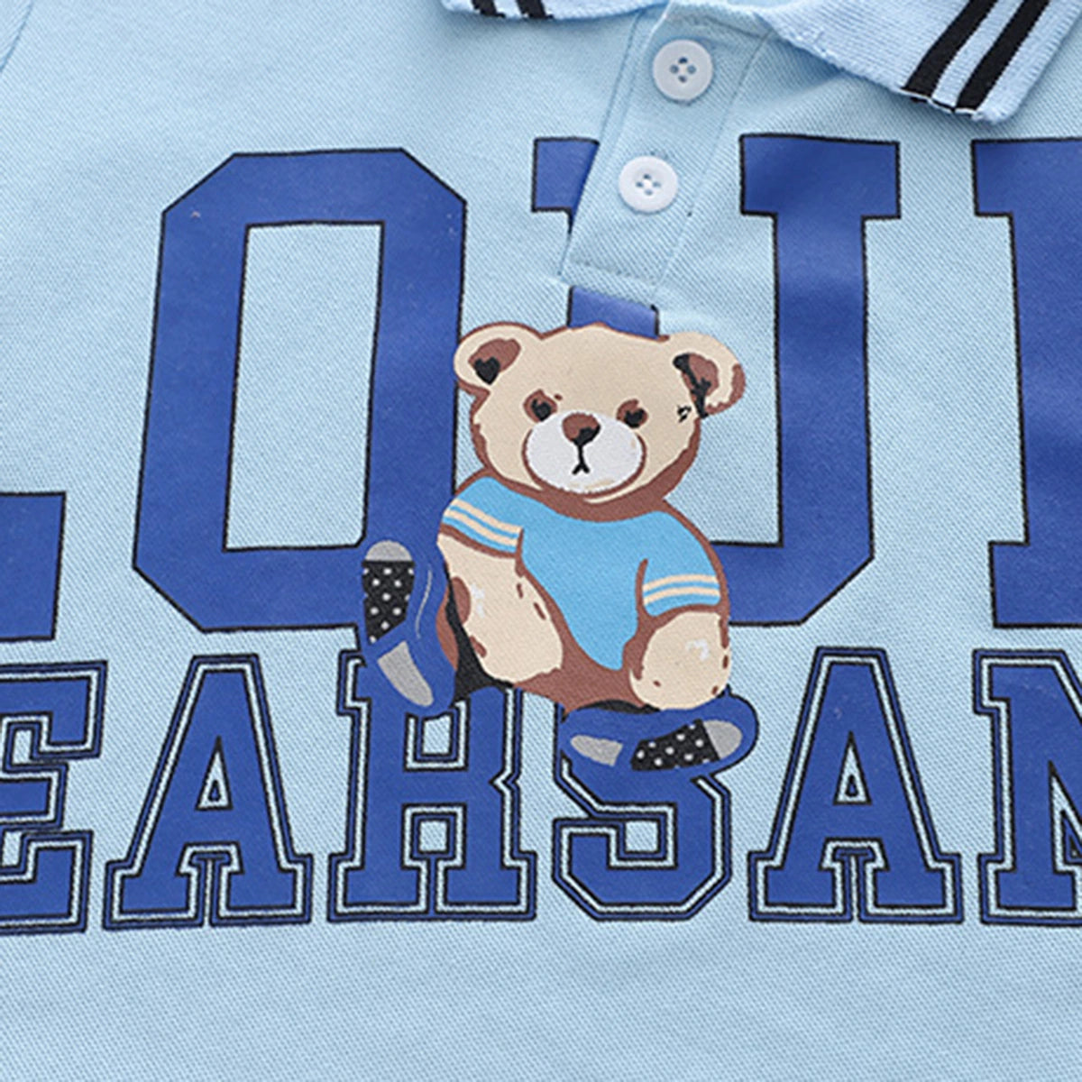 Boys Light Blue Bear Printed Polo Polo T-Shirt With Denim Shorts Sets 2 pc. Sets