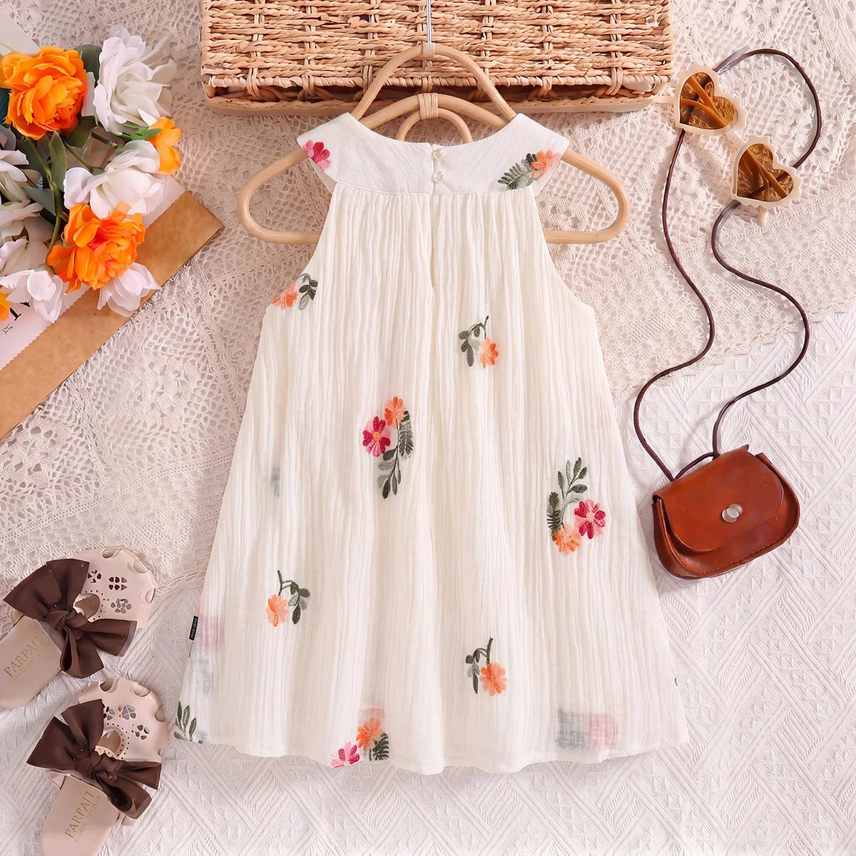 Girls Off White Floral Embroidered Sleeveless A-line Dress Casual Dresses