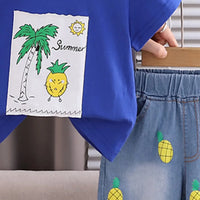 Boys Royal Blue Pineapple Printed Round Neck T-Shirt With Denim Shorts Sets 2 pc. Sets