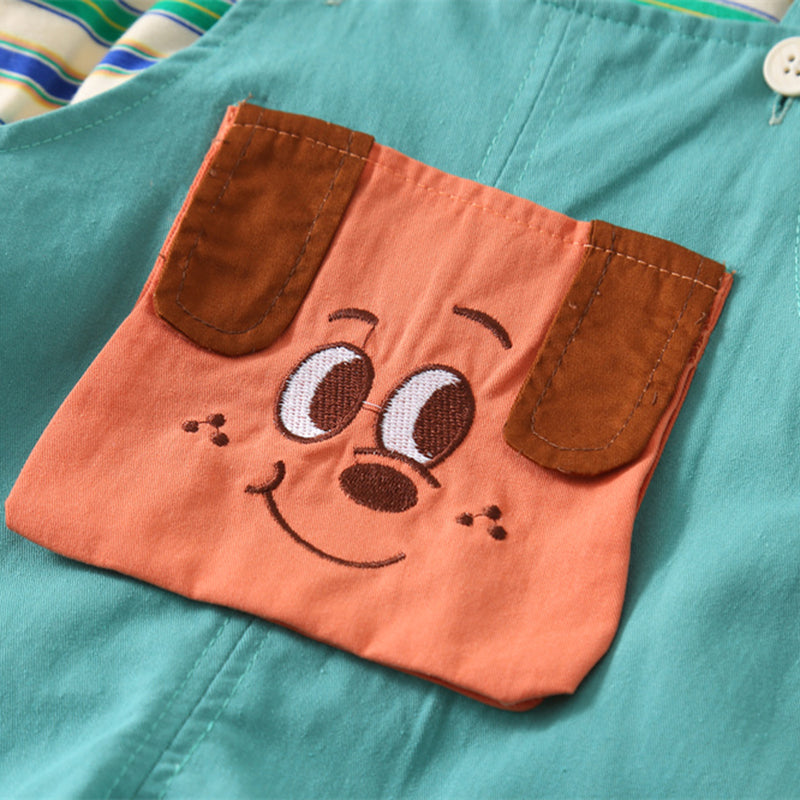 Boys Teal Striped T-shirt with Puppy Patch Dungaree Set Sets