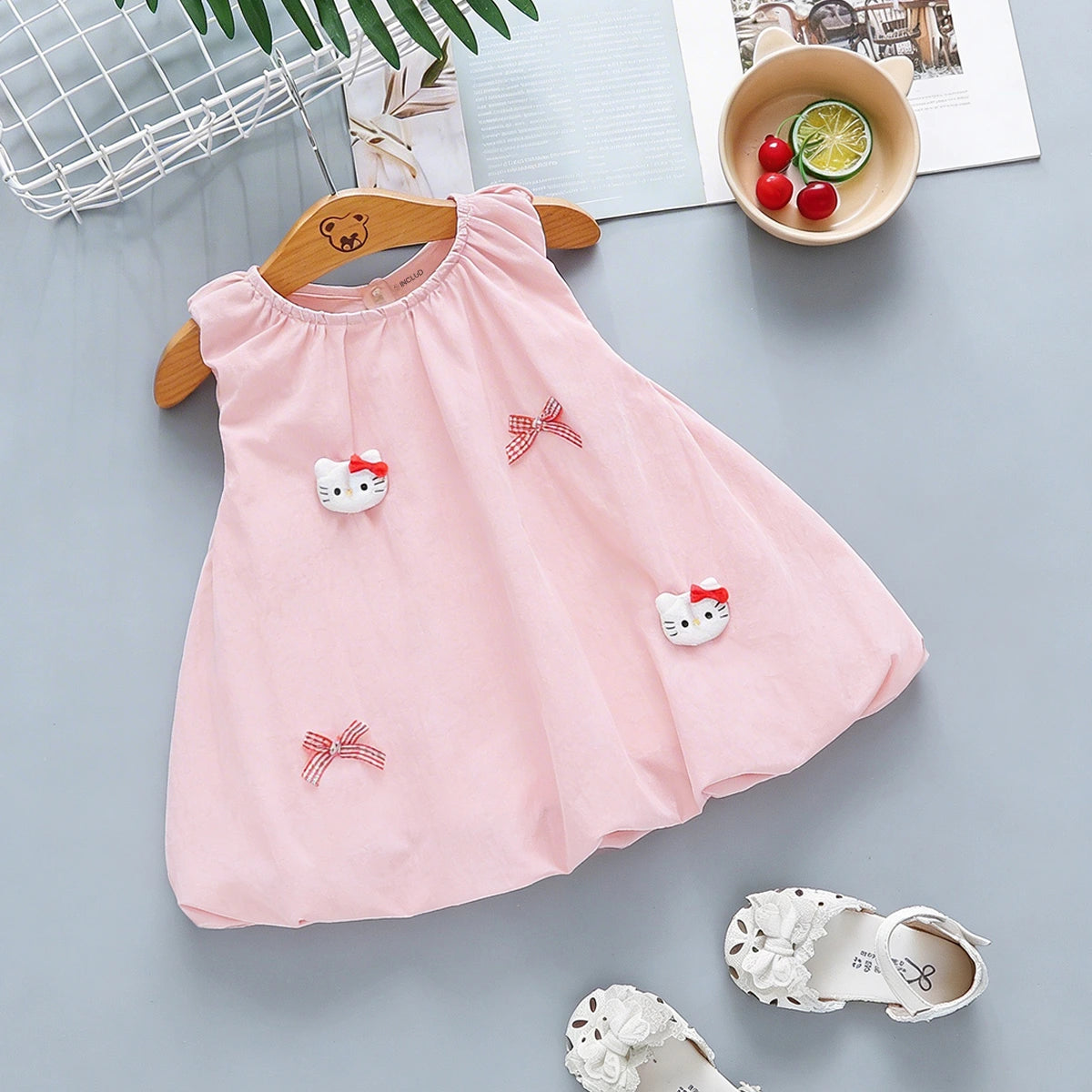 Girls Pink Cat Applique Sleeveless A-Line Dress Casual Dresses Pink 1-2 Y