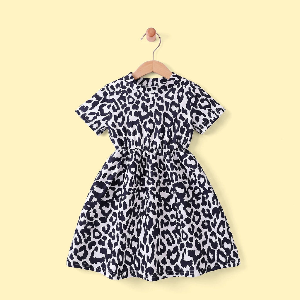 Girls Black Leopard Print Short Sleeve A-line Dress Casual Dresses Black 3-4 Y