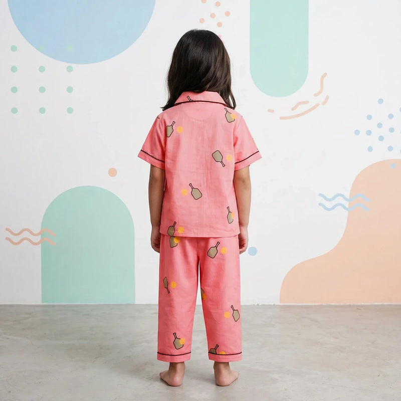 Girls Pink Printed Short Sleeve Shirt With Printed Pyjama Sets Sets