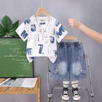 Boys Printed Short Sleeves T-Shirt With Light Blue Denim Shorts Set 2 pc. Sets Light Blue 1-2 Y
