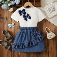 Girls White Bow Applique Short Sleeve Top With Denim Skirt Sets 2 pc. Sets White 3-4 Y