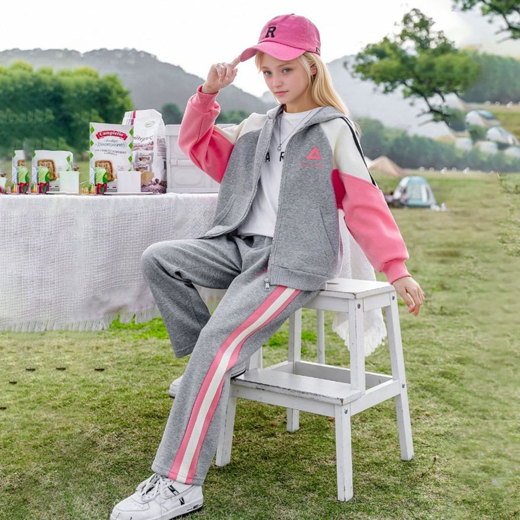 Girls Grey Colorblocked Front Zipper Hooded Jacket With Pants Winter Set 2 pc. Sets