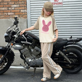 Girls Khaki Rabbit Printed Summer T-Shirt With Track Pants Set