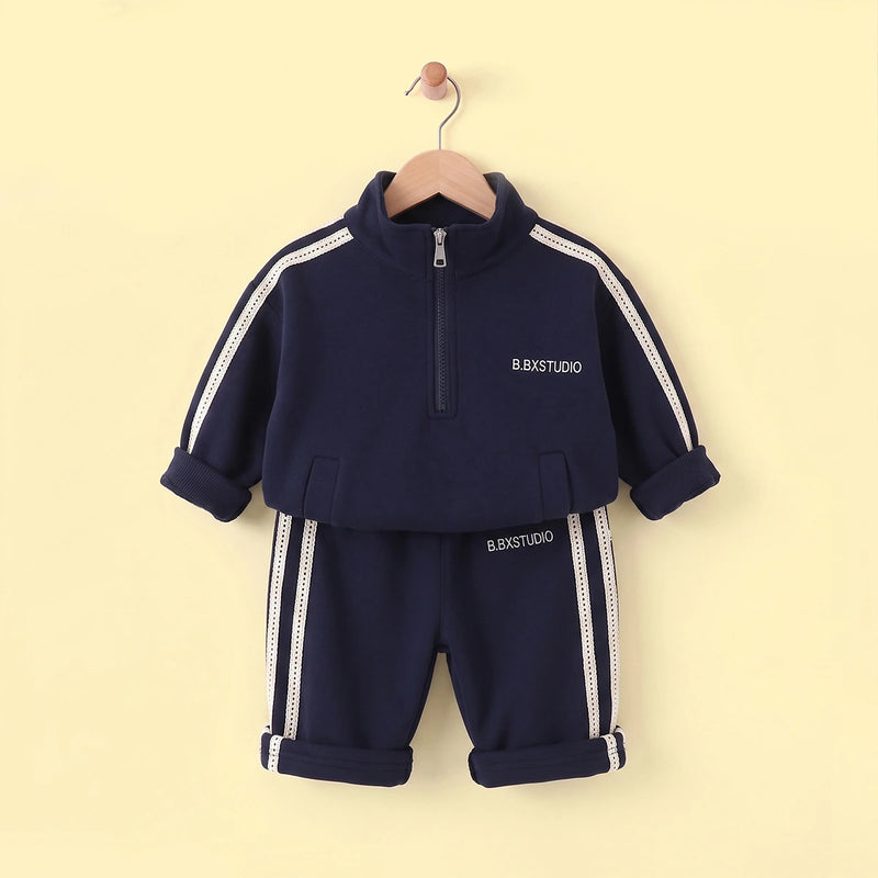Boys Dark Blue Solid Sweatshirt With Pants Co-ord Set 2 pc. Sets Dark Blue 1-2 Y