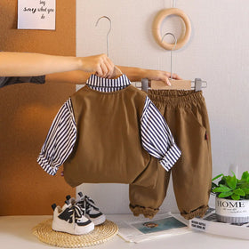 Boys Brown Vest & Pant With Striped Shirt & Neck-tie Sets Sets