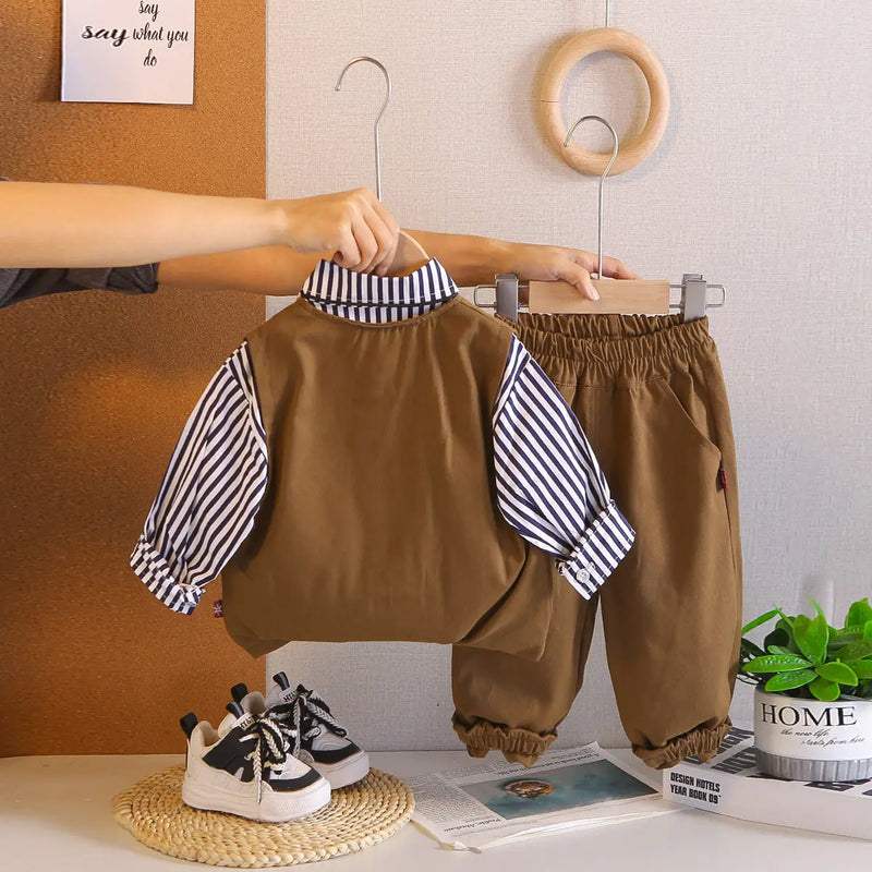 Boys Brown Vest & Pant With Striped Shirt & Neck-tie Sets Sets