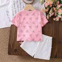 Girls Pink Bow Print Short Sleeve T-Shirt With Elasticated Shorts Sets 2 pc. Sets
