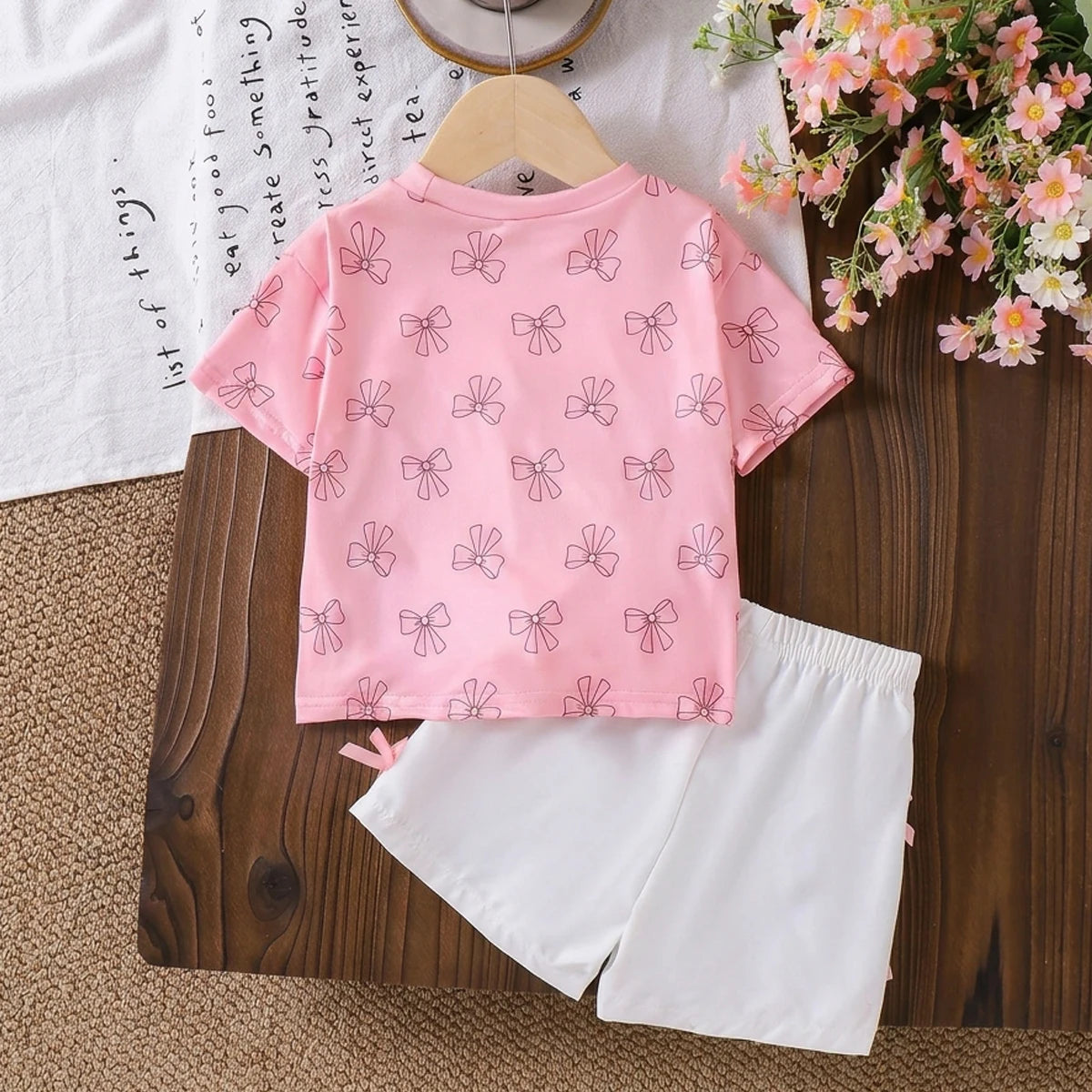 Girls Pink Bow Print Short Sleeve T-Shirt With Elasticated Shorts Sets 2 pc. Sets
