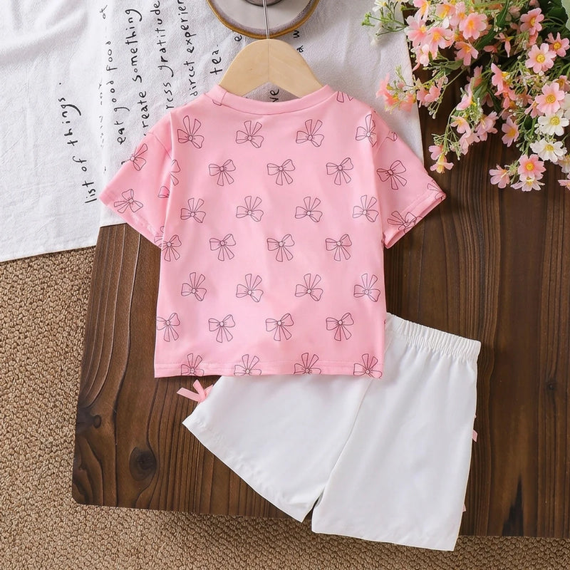 Girls Pink Bow Print Short Sleeve T-Shirt With Elasticated Shorts Sets 2 pc. Sets