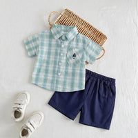Boys Light Green Checked Short Sleeves Shirt With Shorts Sets Sets