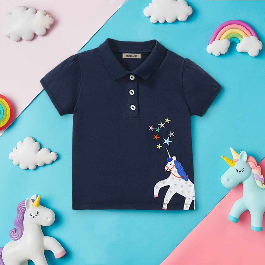 Girls Unicorn Embroidery Polo Neck T-Shirt