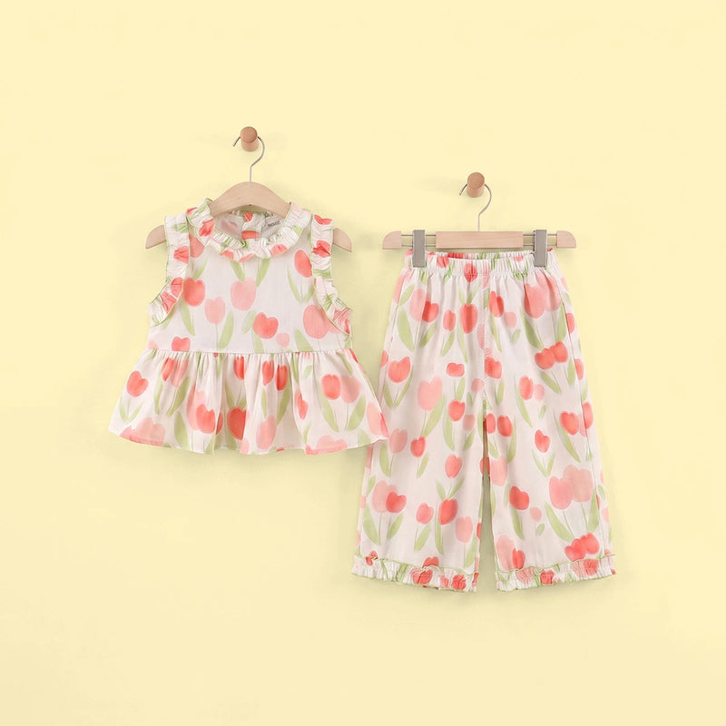 Girls Off White Floral Print Sleeveless Top With Pants Sets 2 pc. Sets Off White 1-2 Y