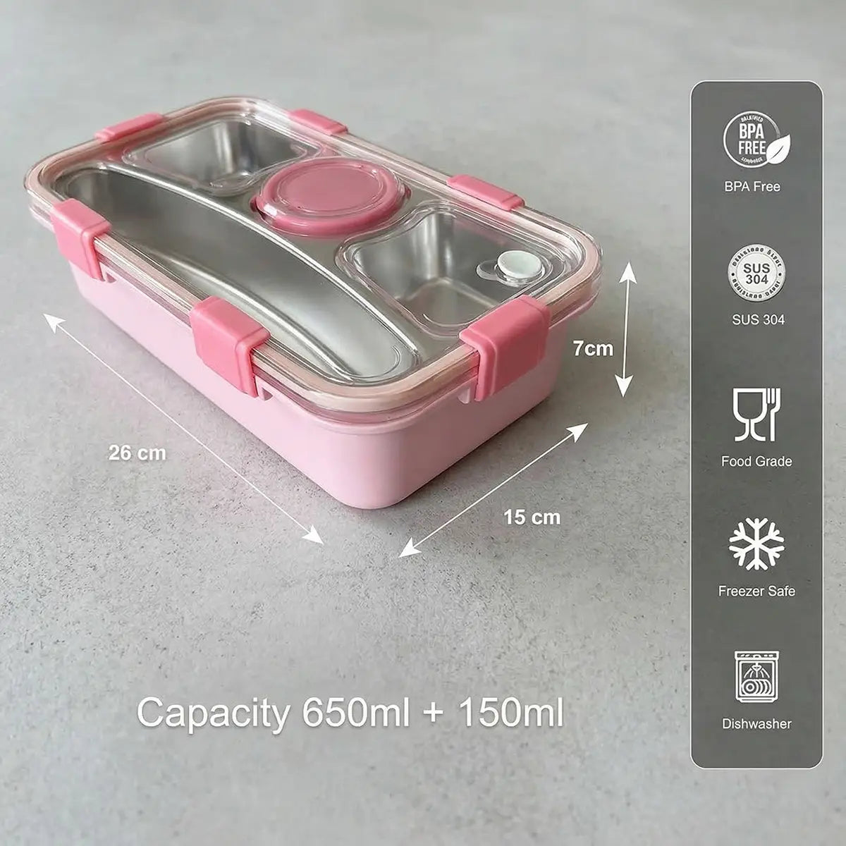 Kids Pink Stainless Steel Lunch Box with 4 Compartments & Sauce Cup Trending Accessories