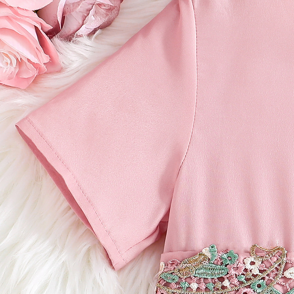 Girls Pink Short Sleeve Embroidered Fit & Flare Dress Casual Dresses