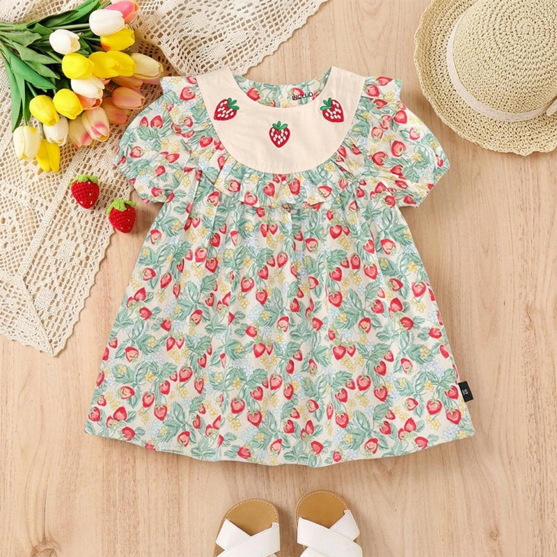 Girls Light Green Strawberry Embroidery A-line Dress Casual Dresses Light Green 2-3 Y