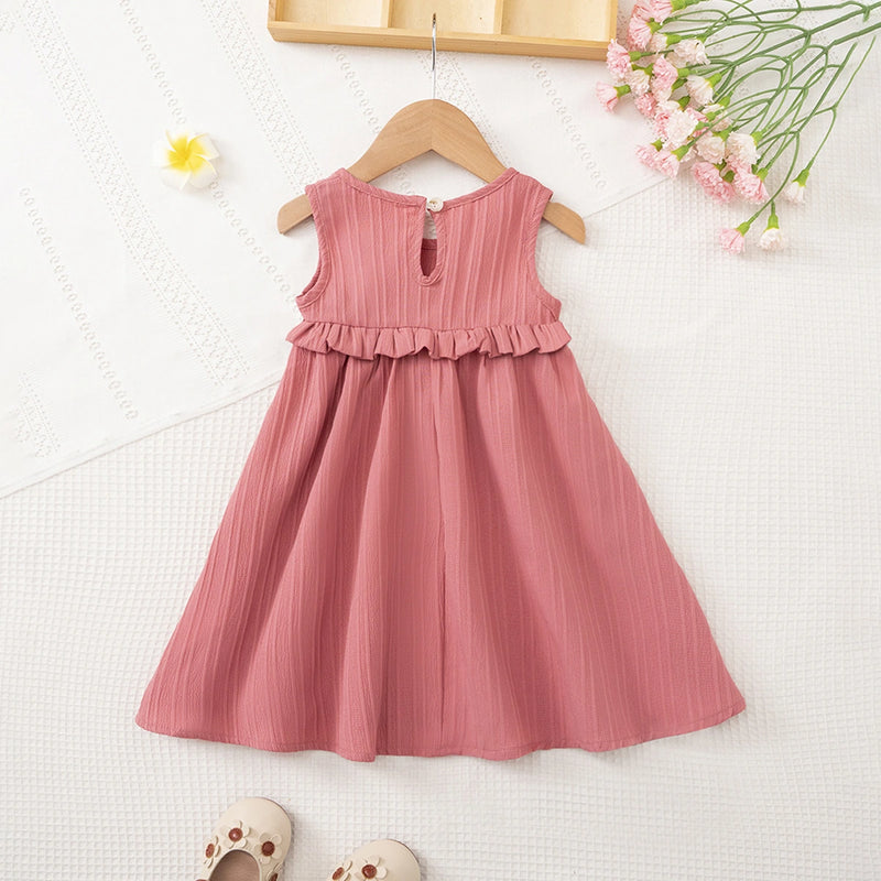 Girls Pink Self Stripes Sleeveless Fit & Flare Dress Casual Dresses