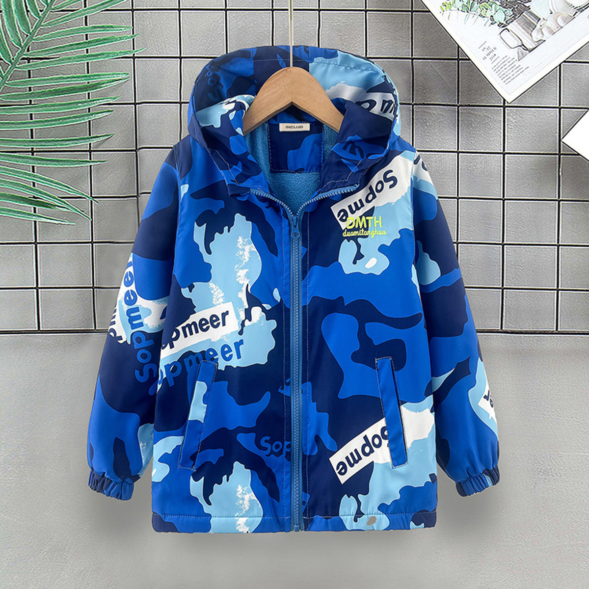 Boys Blue Abstract Printed Hooded Zipper Jacket Coats & Jackets Blue 3-4 Y