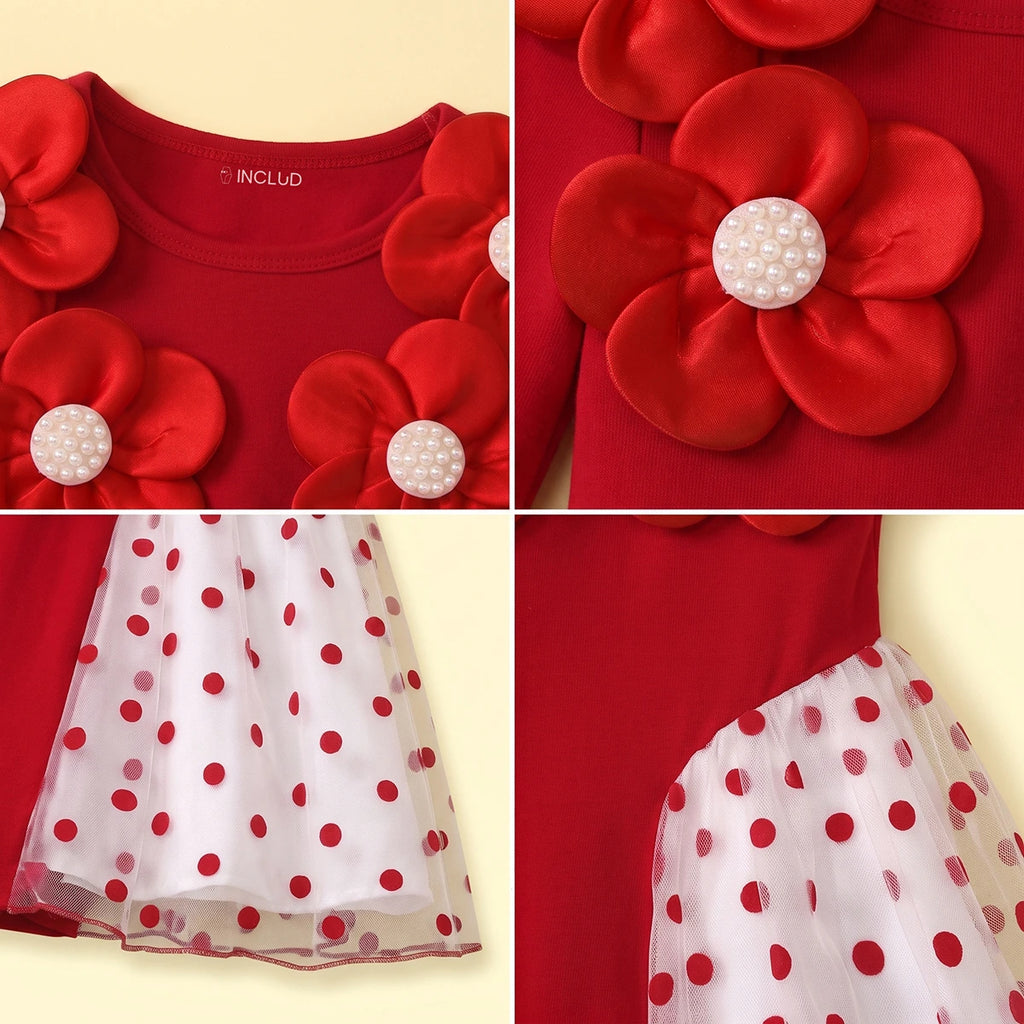 Girls Red Floral Applique Fit & Flare Dress Casual Dresses