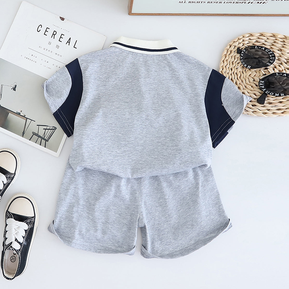 Boys Grey Color-blocked Short Sleeves Polo T-Shirt With Shorts Set 2 pc. Sets