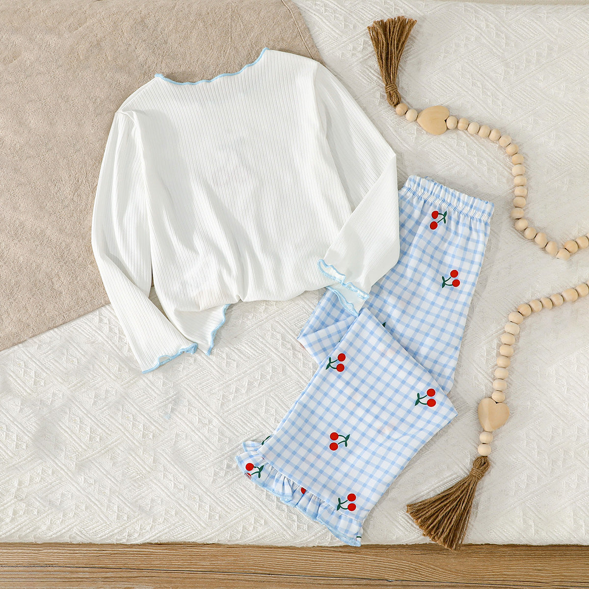Girls White Cherry Embroidered Top with Checkered Pajama Set Sets