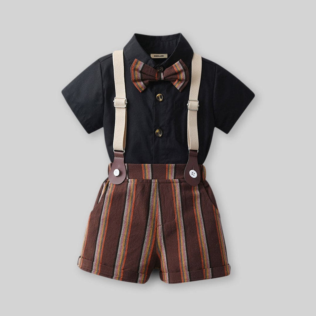 Boys Solid Shirt with Striped Suspender Shorts Set