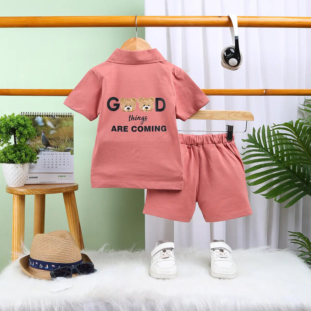 Boys Rust Typographic Print Polo Short Sleeves T-Shirt With Drawstring Shorts Sets Sets