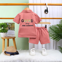 Boys Rust Typographic Print Polo Short Sleeves T-Shirt With Drawstring Shorts Sets Sets