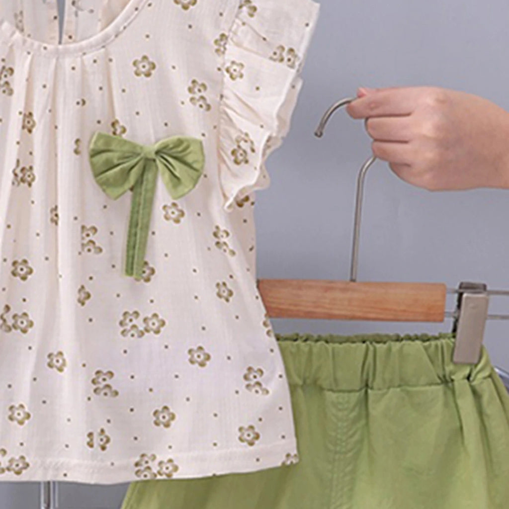 Girls Green Floral Print Bow Applique Top With Shorts Set Sets