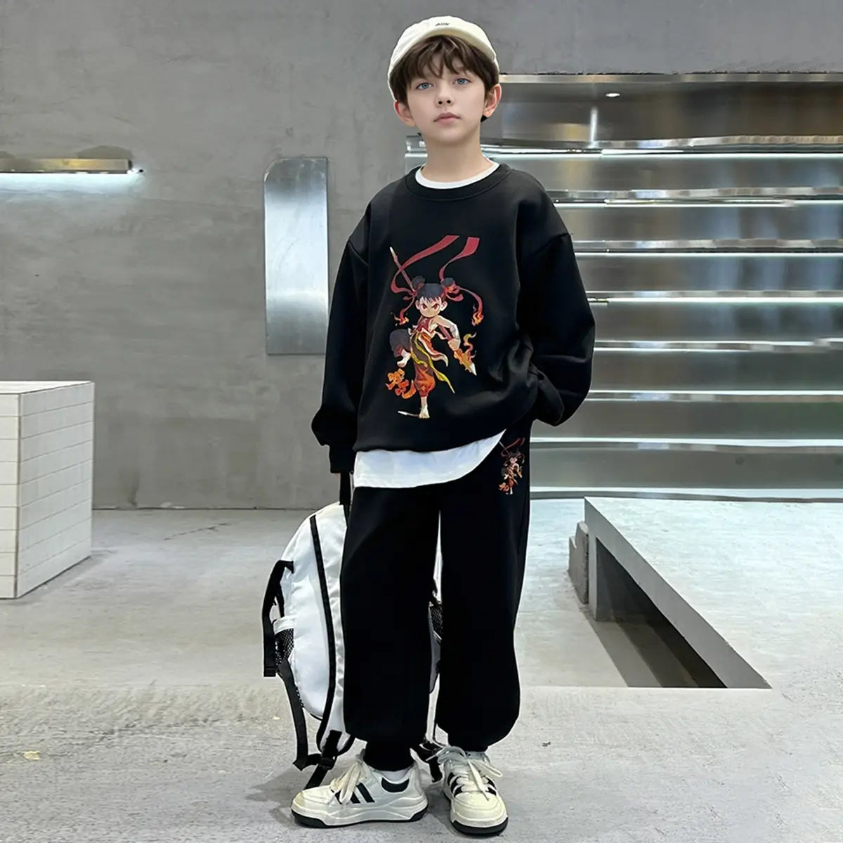 Boys Black Graphics Printed Oversized Sweatshirt With Jogger Co-ord Sets Sets Black 5-6 Y