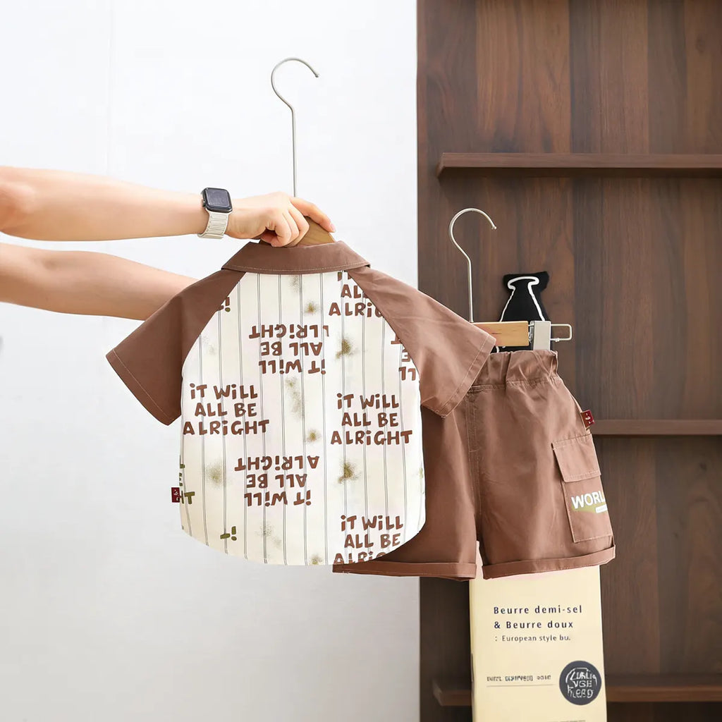 Boys Brown Typographic Print Shirt With T-Shirt & Shorts Set Sets