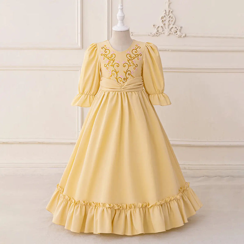 Girls Yellow Embroidered Fit & Flare Maxi Dress With Puff Sleeeves Casual Dresses Yellow 3-4 Y