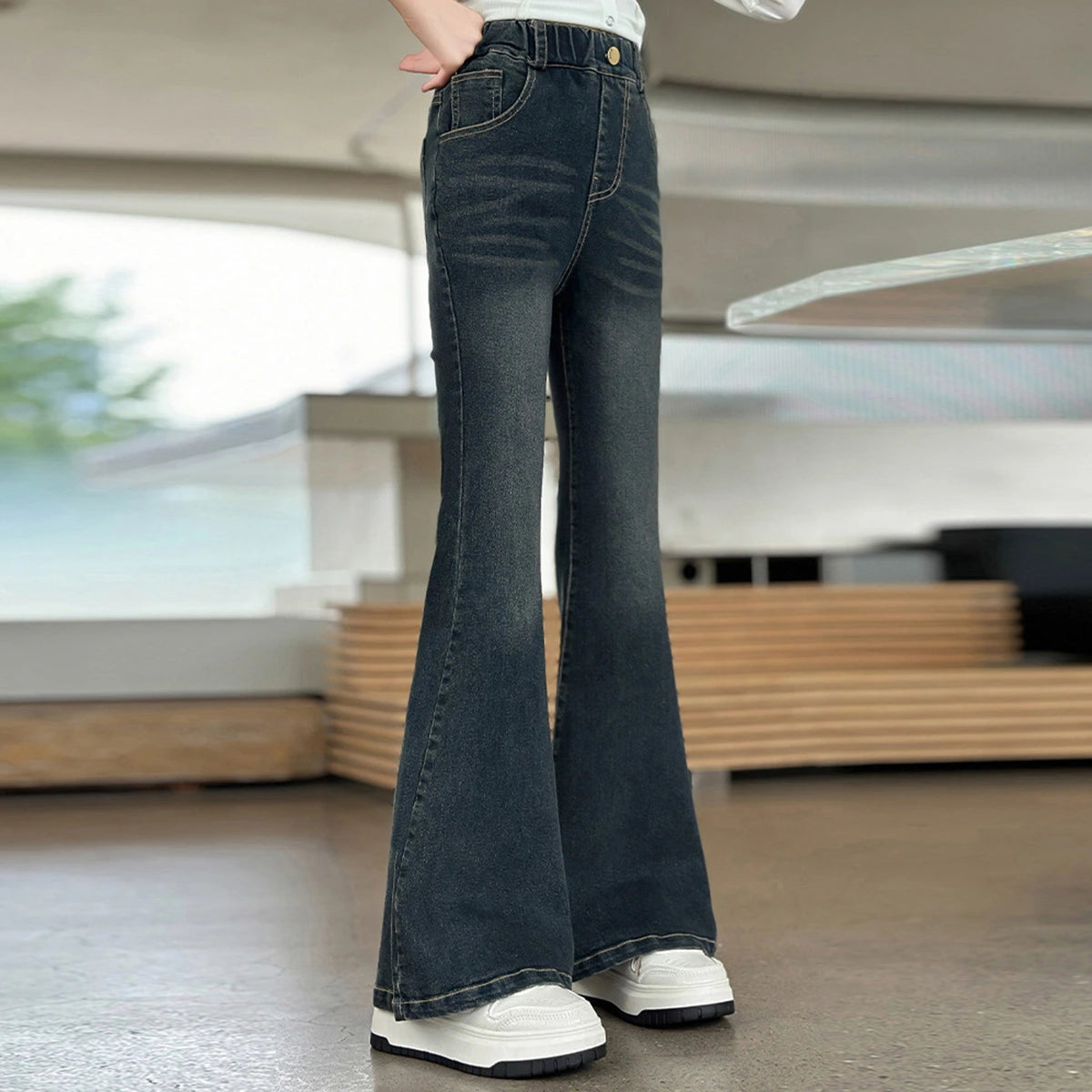 Girls Black Flared Denim Jeans Pants