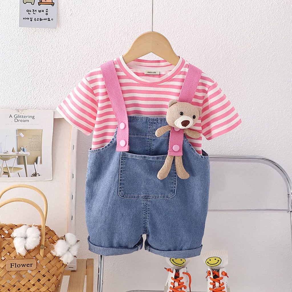 Girls Pink Striped T-shirt with Denim Dungaree Set Sets Pink 1-2 Y 