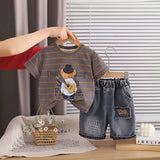 Boys Brown Striped Bear Graphic T-Shirt With Denim Shorts Sets