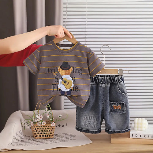 Boys Brown Striped Bear Graphic T-Shirt With Denim Shorts Sets 2 pc. Sets Brown 1-2 Y