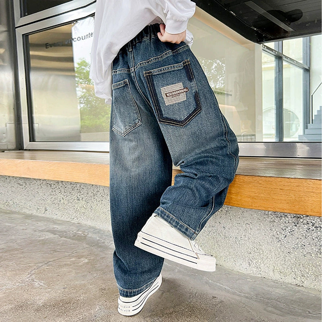 Boys Blue Embroidered Loose Fit Denim Jeans Pants