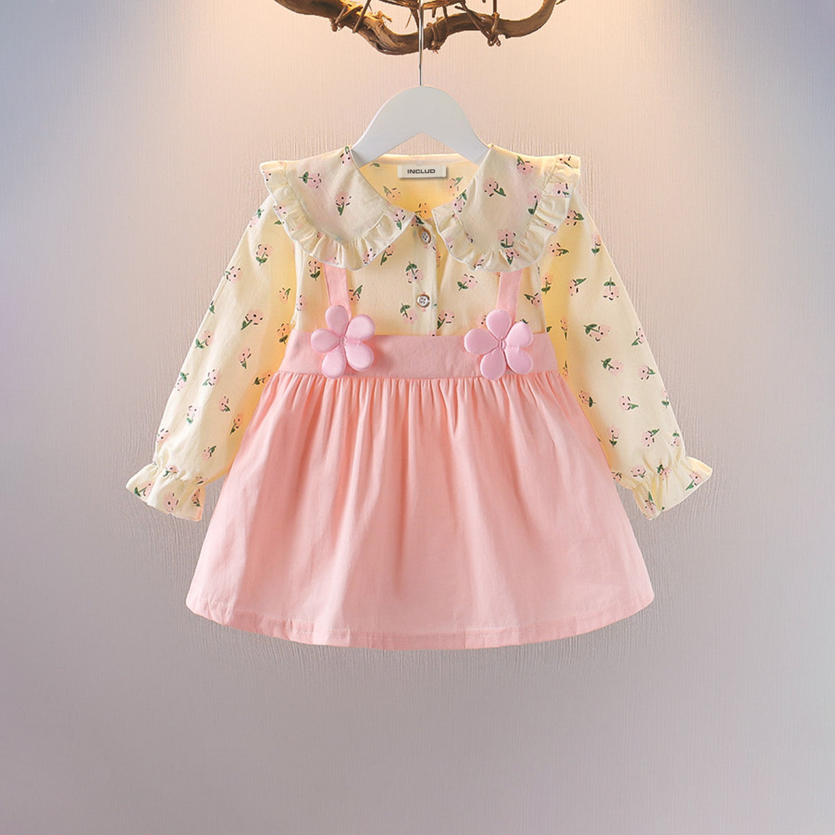 Girls Long-Sleeve Ruffled Doll Collar Dress with 3D Flower Details Casual Dresses Pink 1-2 Y
